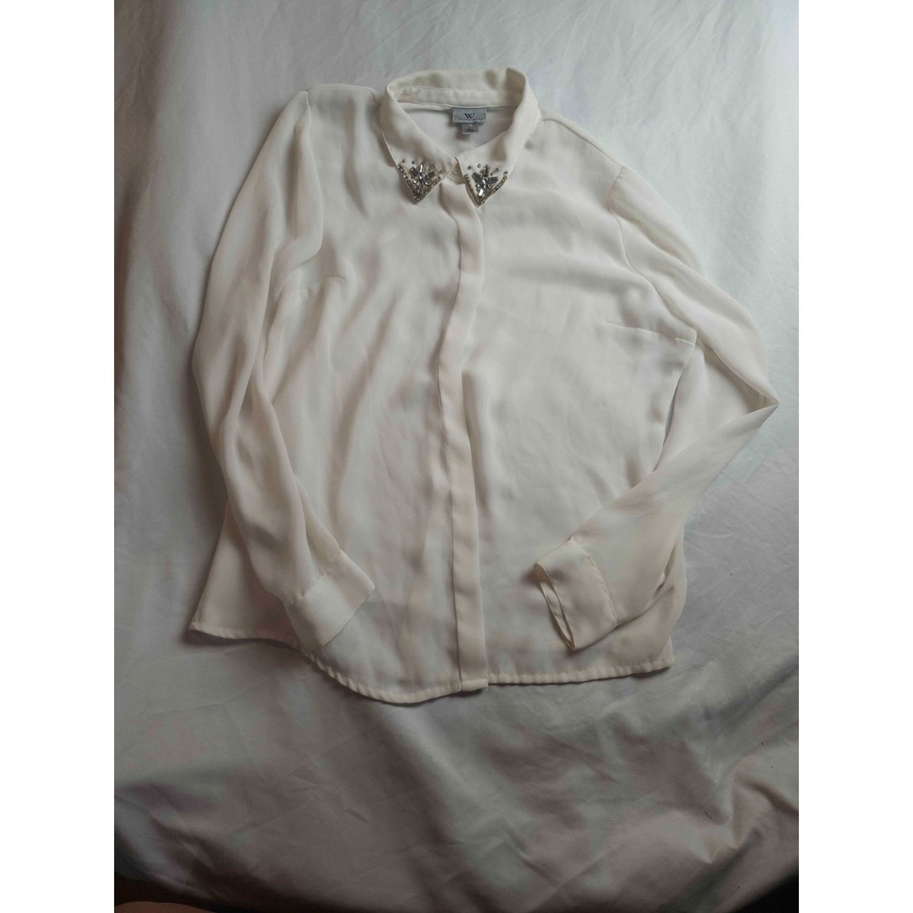 Worthington Button Down Shirt Womens Large White Woven Embellished Career Office